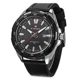 NAVIFORCE 9056 MALE QUARTZ WATCH LEATHER STRAP 3ATM WATER RESISTANT LUMINOUS (BLACK SILVER