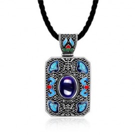 N004-A LADIES NATIONAL STYLE RECTANGLE SHAPE PENDANT NECKLACE (BLUE)