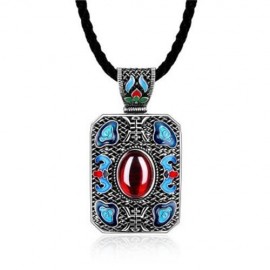N004-B LADIES NATIONAL STYLE RECTANGLE SHAPE PENDANT NECKLACE (RED)