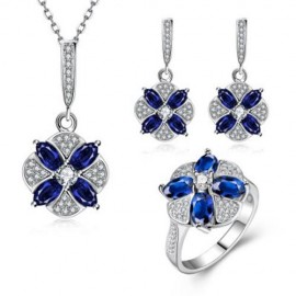 S098-A TRENDY ALLOY ANTI ALLERGY ZIRCON FLORAL EARRINGS NECKLACE RING JEWELRY SET (BLUE)