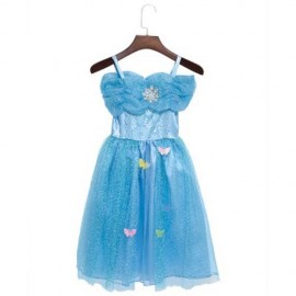 CUTE BOAT COLLAR SHORT SLEEVE LACE BUTTERFLY BACK ZIPPER GIRLS PRINCESS DRESS (BLUE)