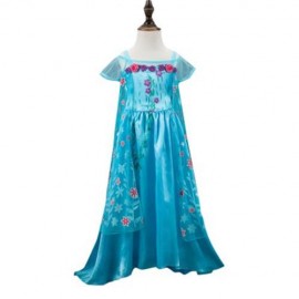 CUTE ROUND COLLAR SHORT SLEEVE FLOWER PRINT GIRLS PRINCESS DRESS (BLUE)