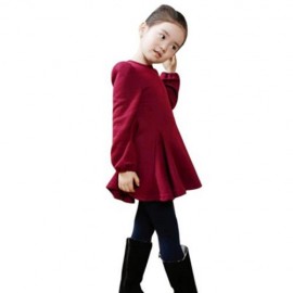 HAN EDITION ROUND COLLAR LONG SLEEVE SOLID COLOR FLOUNCE THICKENING GIRLS DRESS (RED)