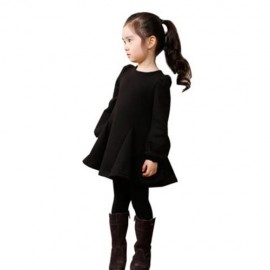 HAN EDITION ROUND COLLAR LONG SLEEVE SOLID COLOR FLOUNCE THICKENING GIRLS DRESS (BLACK)