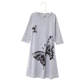 BOHEMIAN ROUND NECK LONG SLEEVE BIG BUTTERFLY PRINT LOOSE GIRLS LONG DRESS (GRAY)
