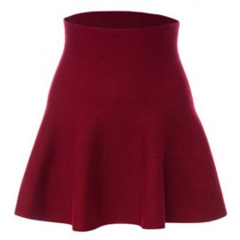 CHIC PURE COLOR HIGH WAIST WOOLEN KNITED PLEATED GIRLS SKIRT (WINE RED)