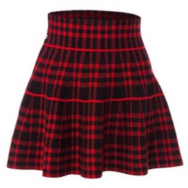 CHIC PURE COLOR HIGH WAIST WOOLEN KNITED PLEATED GIRLS SKIRT (RED WITH BLACK)