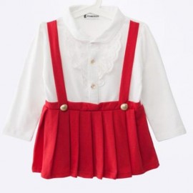 HAN EDITION TRENDY TURN DOWN NECK LONG SLEEVE BRACES COTTON GIRLS MINI DRESS (RED)