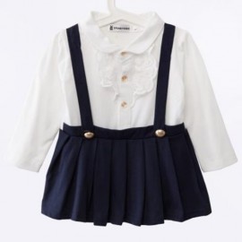 HAN EDITION TRENDY TURN DOWN NECK LONG SLEEVE BRACES COTTON GIRLS MINI DRESS (PURPLISH BLU