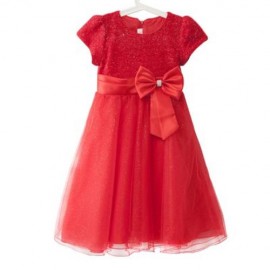 SWEET ROUND COLLAR SHORT SLEEVE BIG BOWKNOT GAUZE SEQUINS GIRLS PRINCESS DRESS (RED)