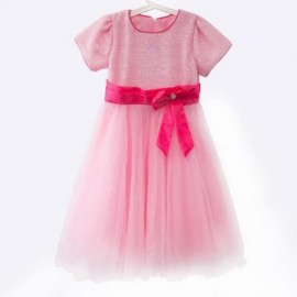 SWEET ROUND COLLAR SHORT SLEEVE BIG BOWKNOT GAUZE SEQUINS GIRLS PRINCESS DRESS (PINK)