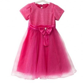SWEET ROUND COLLAR SHORT SLEEVE BIG BOWKNOT GAUZE SEQUINS GIRLS PRINCESS DRESS (ROSE)