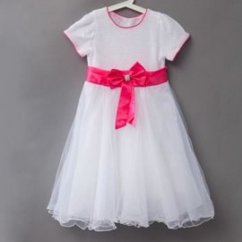 SWEET ROUND COLLAR SHORT SLEEVE BIG BOWKNOT GAUZE SEQUINS GIRLS PRINCESS DRESS (WHITE)