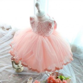 STYLISH JEWEL COLLAR SLEEVELESS SOLID COLOR BIG BOWKNOT GAUZE GIRLS PRINCESS DRESS (PINK)