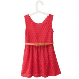 SWEET SOLID COLOR SCOOP NECK SLEEVELESS LACE HOLLOW GIRLS PRINCESS DRESS (RED)