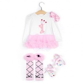 4PCS STYLISH JEWEL NECK LONG SLEEVE COTTON GAUZE BABY GIRLS ROMPER DRESS HEADBAND FOOT COV