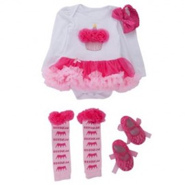 4PCS STYLISH JEWEL NECK LONG SLEEVE COTTON GAUZE BABY GIRLS ROMPER DRESS HEADBAND FOOT COV