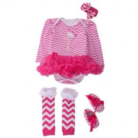 4PCS STYLISH JEWEL NECK LONG SLEEVE COTTON GAUZE BABY GIRLS ROMPER DRESS HEADBAND FOOT COV
