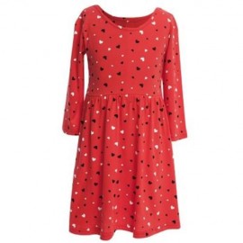 SWEET ROUND NECK LONG SLEEVE HEART PRINT COTTON GIRLS DRESS (ORANGE RED)