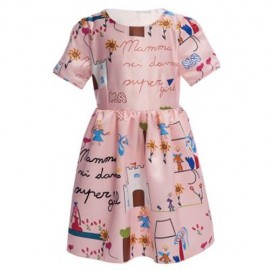 TRENDY ROUND NECK SHORT SLEEVE SCRAWL PRINT GIRLS PRINCESS DRESS (SHALLOW PINK)