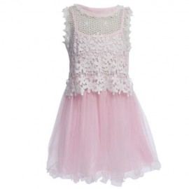 TRENDY SCOOP NECK SLEEVELESS LACE HOLLOW FLOWER GAUZE GIRLS DRESS (PINK)