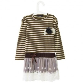 CASUAL ROUND COLLAR LONG SLEEVE STRIPE COTTON LACE BOWKNOT GIRLS DRESS (CAMEL)