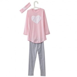 3PCS TRENDY ROUND COLLAR FULL SLEEVE HEART APPLIQUE GIRLS TWINSET WITH HEADBAND (PINK)