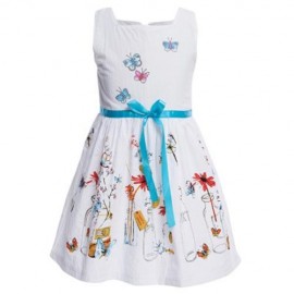 FRESH STYLE BOAT COLLAR SLEEVELESS FLOWER BUTTERFLY PRINT COTTON GIRLS DRESS (WHITE)