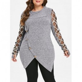 Plus Size Asymmetrical Mesh Insert Ribbed Knitwear (GRAY)